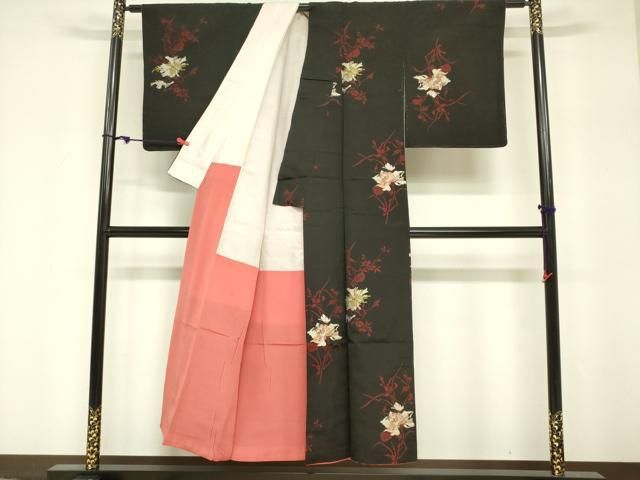 平和屋着物□アンティーク 大正ロマン お召 枝花文 黒地 金糸 正絹