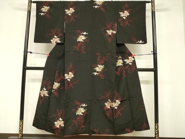 平和屋着物□アンティーク 大正ロマン お召 枝花文 黒地 金糸 正絹