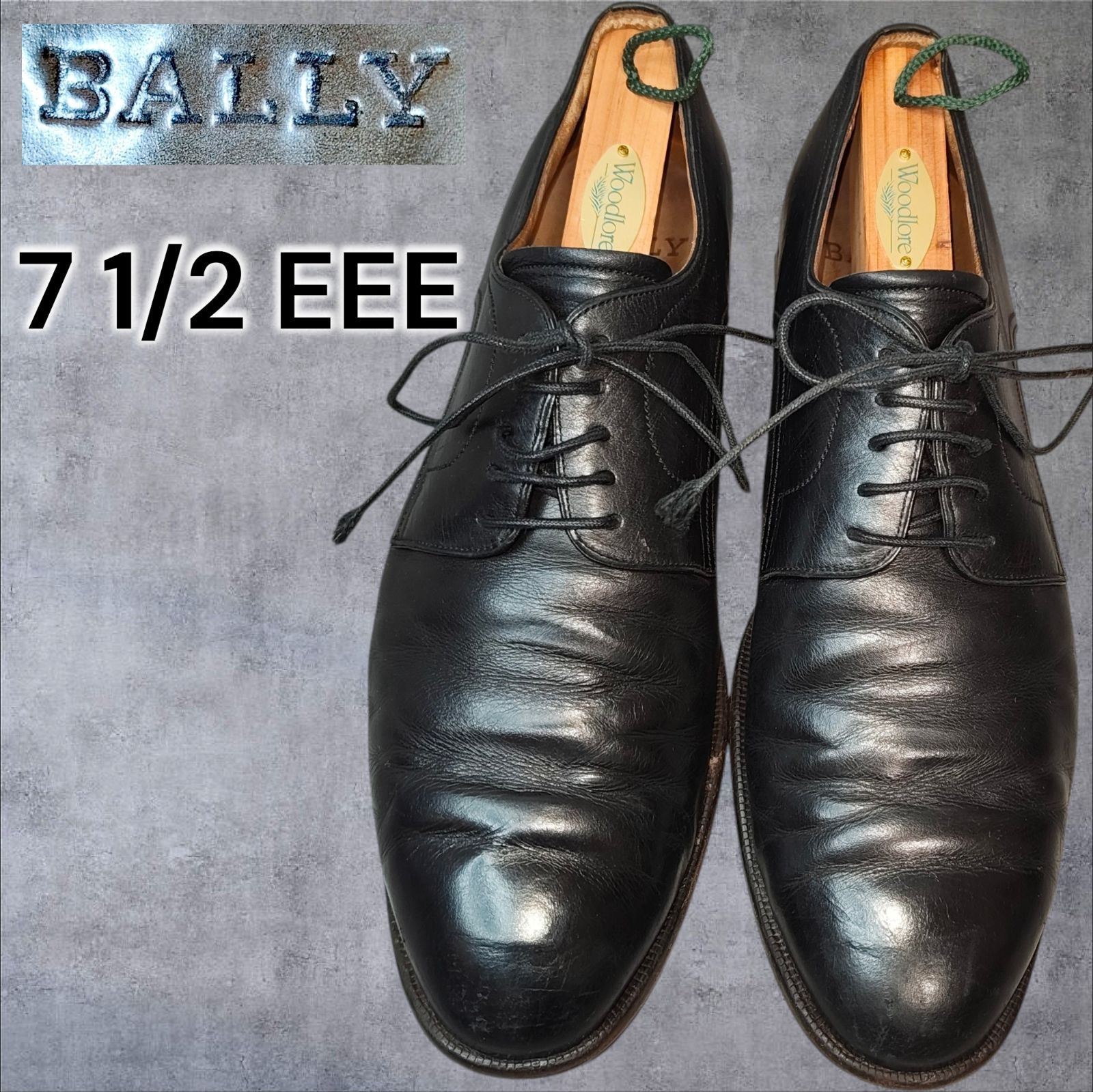 90s BALLY スイス製 ヴィンテージ プレーントゥ 外羽根 革靴 黒 