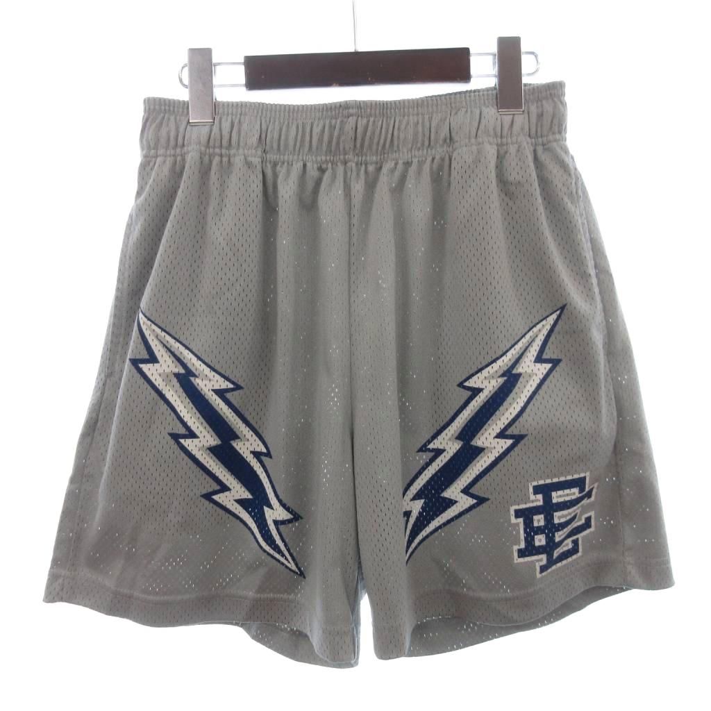 美品 エリック エマニュエル ERIC EMANUEL EE BASIC LIGHTNING BOLT BLACK SHORTS ショートパンツ ウエストゴム メッシュ プリント グレー M