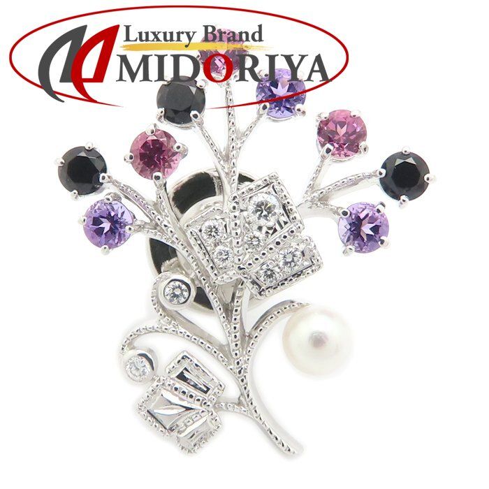 MIKIMOTO ミキモト ピンブローチ マルチストーン ダイヤモンド ベビーパール K18WG ホワイトゴールド レディース/295597【中古】【BJ】