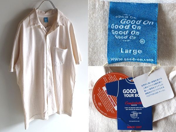 新品タグ付 Good On グッドオン 2024SS 米綿 USA製コットン天竺 製品染 半袖 オープンカラーシャツ 開襟シャツ L エクリュ ナチュラル ボックスシルエット