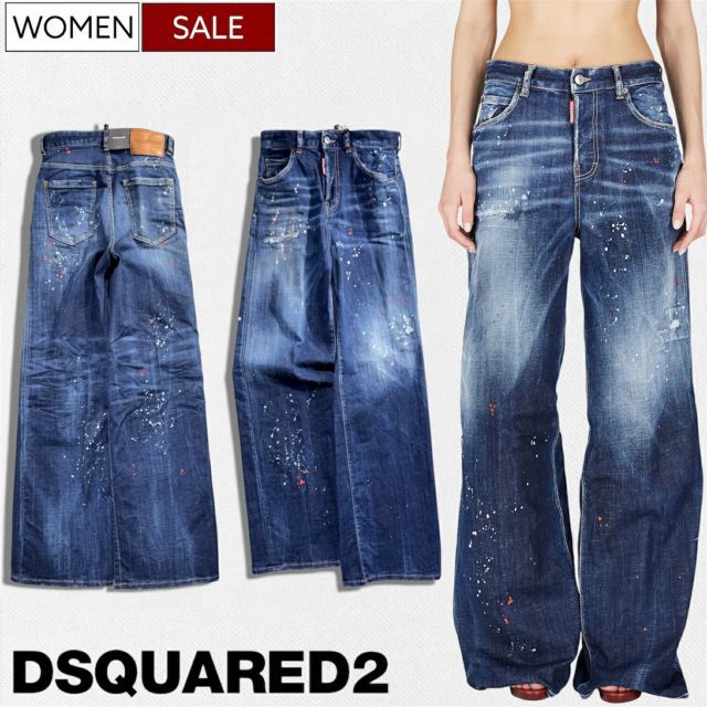 【定価146,300円(税込)】DSQUARED2 ディースクエアード 美しい加工の数々が大人の余裕を演出する ペイント&ウォッシュ加工ワイドデニムパンツ リラックス ジーンズ 《TRAVELLER JEAN -トラベラージーン-》S75LB1017S303