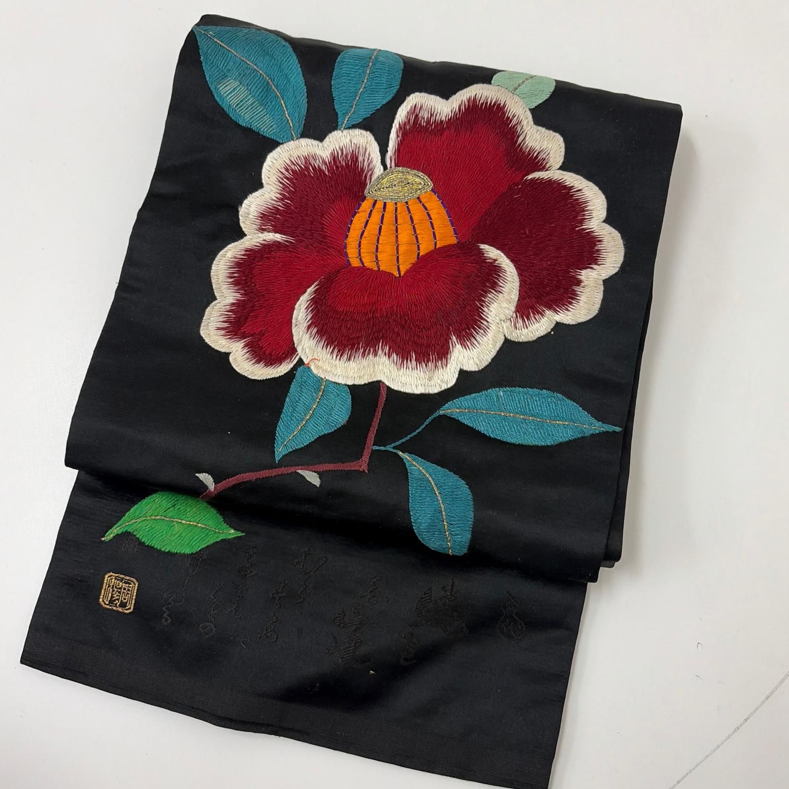 名古屋帯 正絹 アンティーク 大花 大胆な花柄 刺繍 帯 着物 MA-7592 