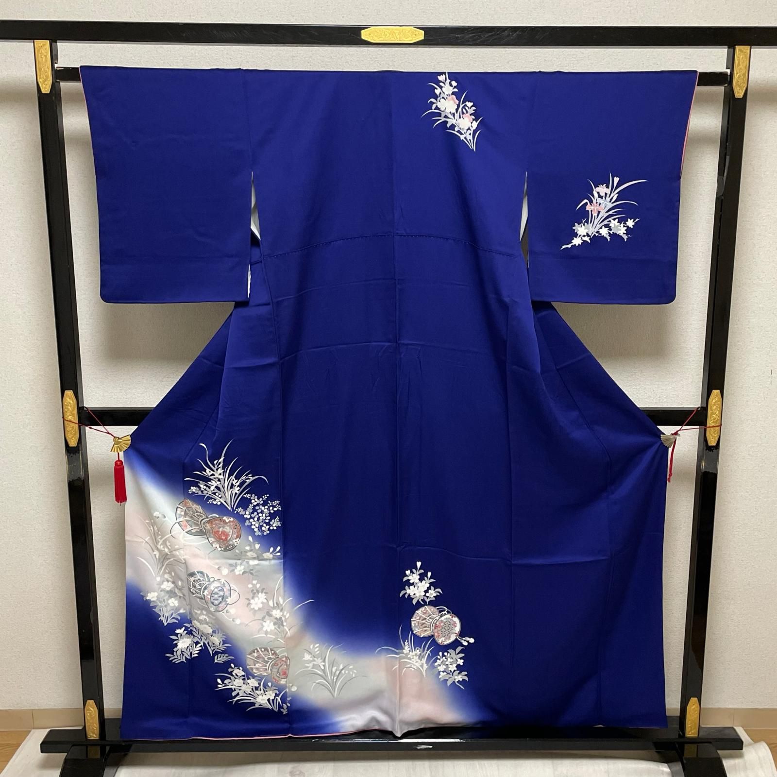 付下げ 暈し染 鼓に花模様 着物 正絹 X-2633