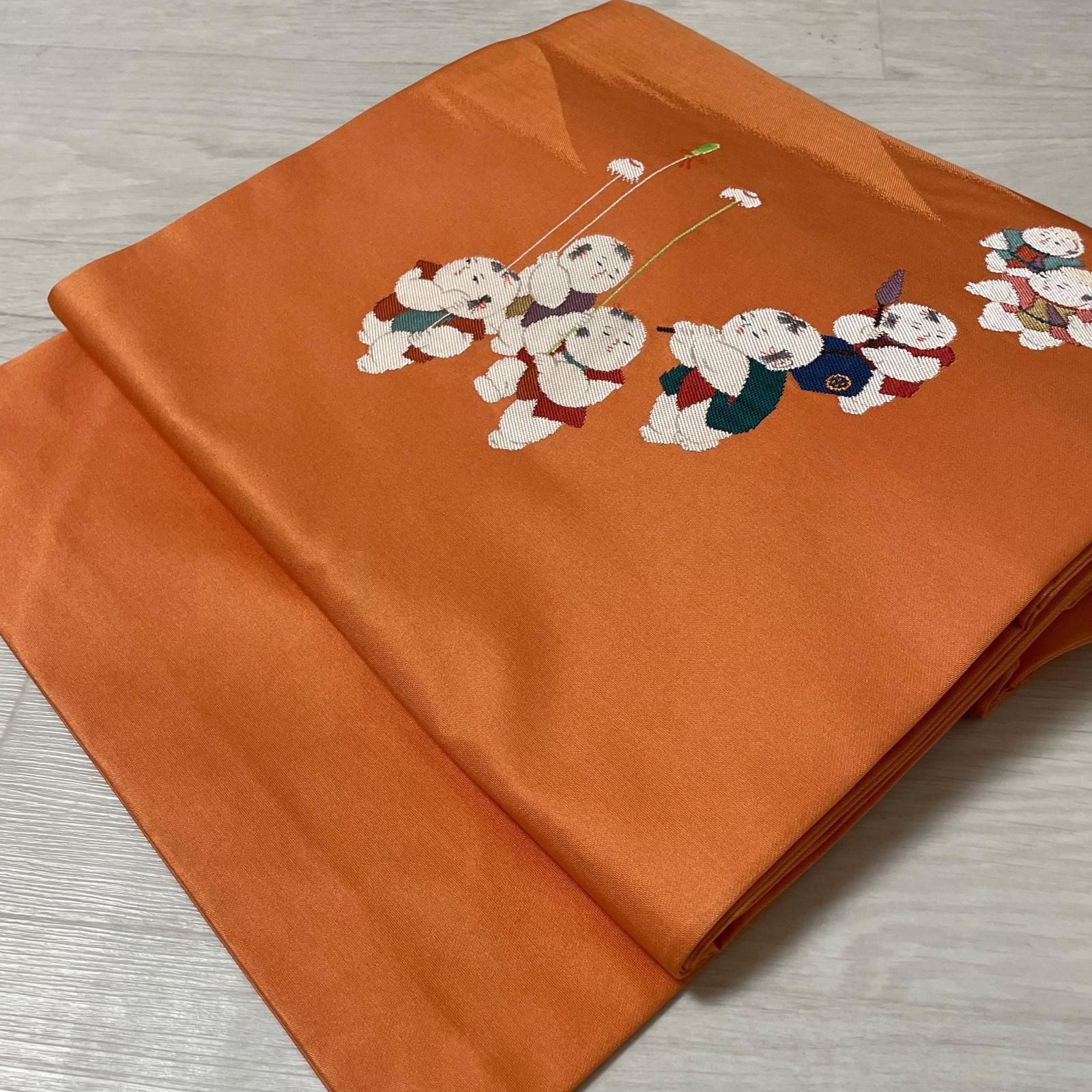 名古屋帯 童子柄 九寸 正絹 着物 X-2680