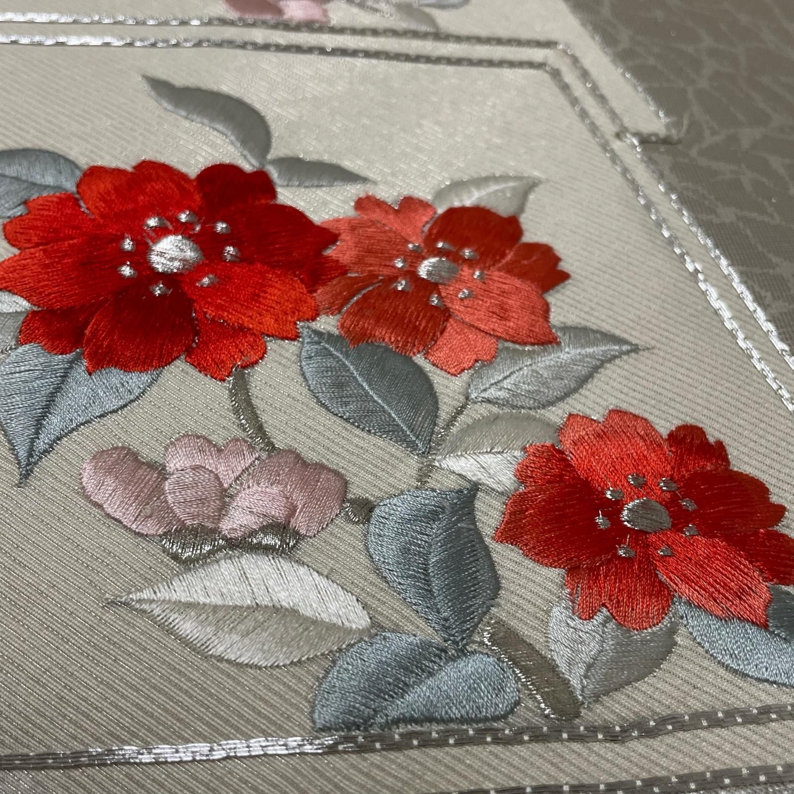 名古屋帯 刺繍の花模様 九寸 正絹 着物 X-2688