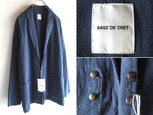 新品タグ付 SAGE DE CRET サージュデクレ 製品染 ウォッシュ加工 コットンリネン フック テーラードジャケット L ネイビー ビームス取扱ブランド