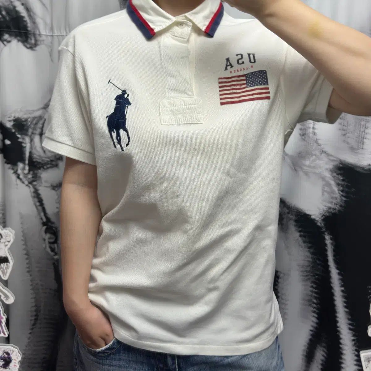 ポロ ラルフローレン ビックポニー 星条旗 白 カラーTシャツ