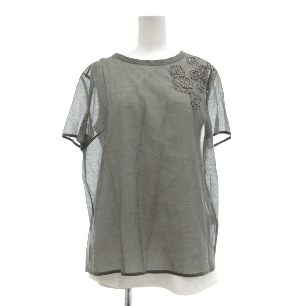 ブルネロクチネリ BRUNELLO CUCINELLI 美品 Tシャツ ブラウス 絹 シルク混 L グレー 白 ホワイト 半袖 ラウンドネック 花モチーフ装飾 /MG ■ECD004 9,730円