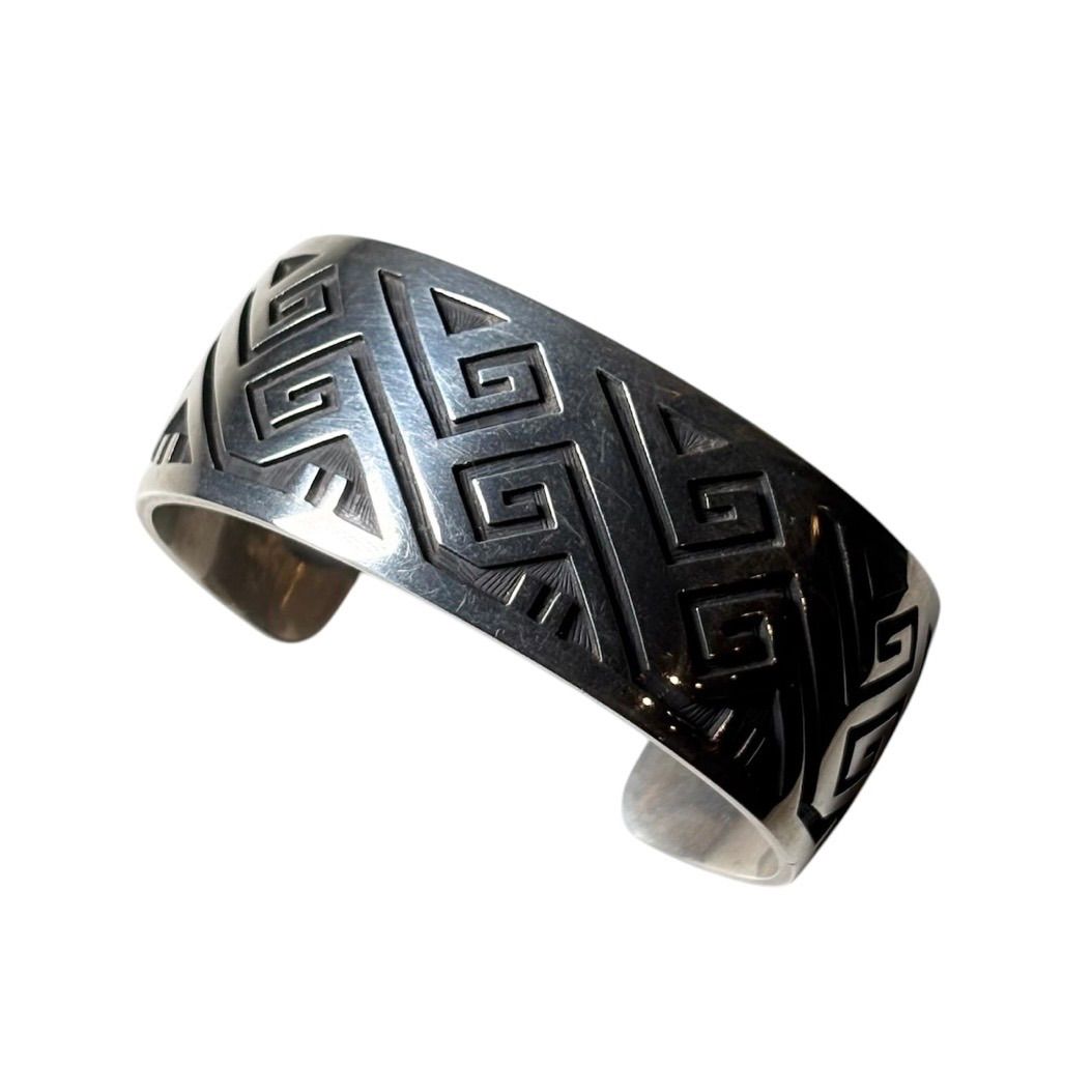 Hopi Mark Tawahongva silver overlay bangle “water symbol”