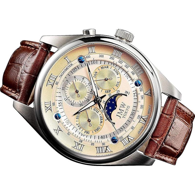 【新品】 【JMW TOKYO】メンズ 腕時計 上級 ムーンフェイズ [日本製ムーブメント] 100m防水 本革ベルト ローマンインデックス (ピンクゴールド&シルバー)【世界限定300本】 父の日 ギフト プレゼント
