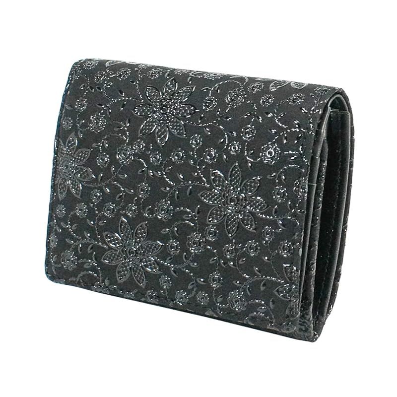 【新品】 [印傳屋] 印伝 二つ折り財布 札入H ボックス型小銭入れ 鹿革 黒地×黒漆 クレマチス柄 2204-01-169