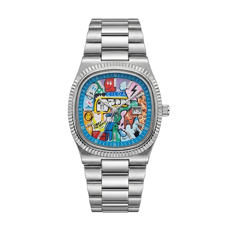 【新品】 銀製ケース×彩画文字盤のヴィンテージ腕時計 日付表示付き 銀色ステンレスブレスレット メンズウォッチ 防水 男性用 贈答にも