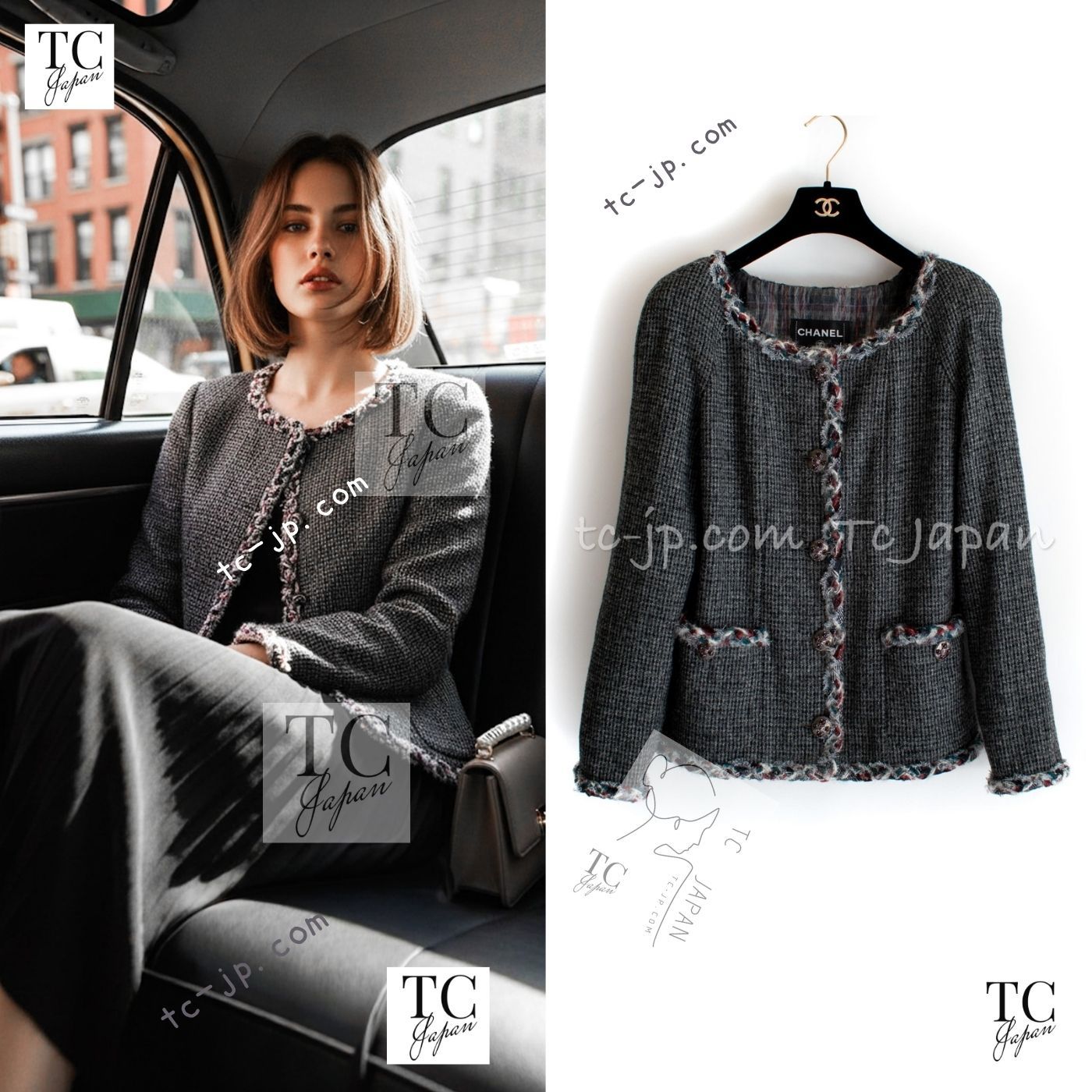 シャネル ジャケット CHANEL 73万 グレー トリミング ウール 100