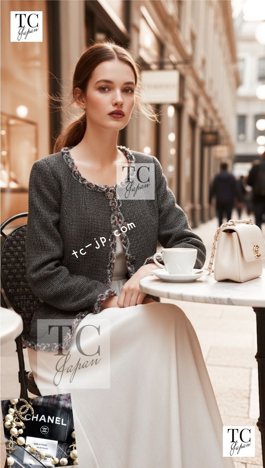 シャネル ジャケット CHANEL 73万 グレー トリミング ウール 100