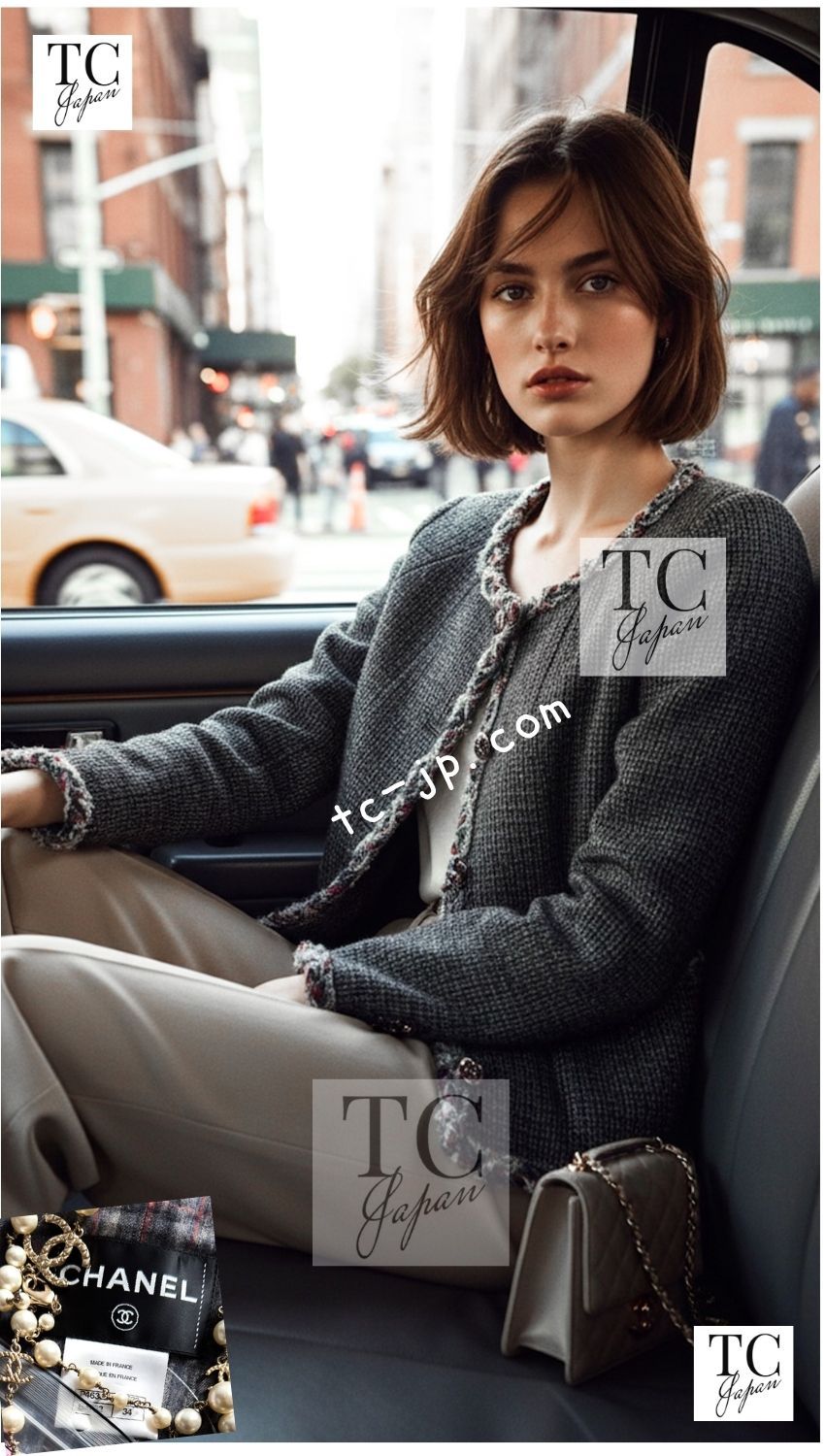 シャネル ジャケット CHANEL 73万 グレー トリミング ウール 100