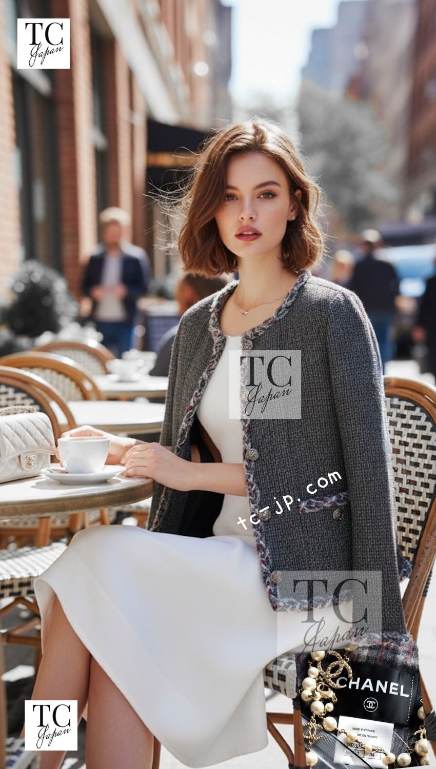 シャネル ジャケット CHANEL 73万 グレー トリミング ウール 100