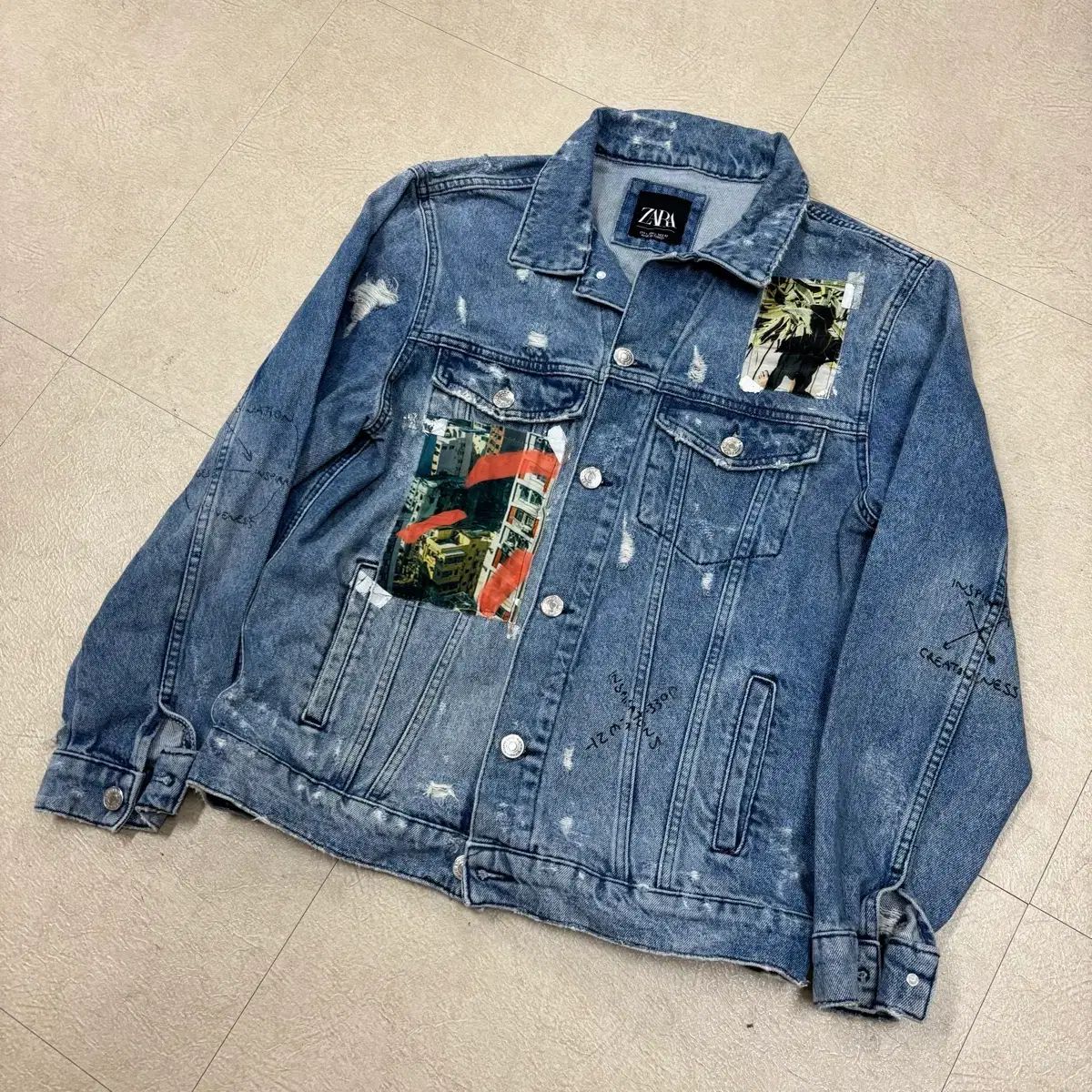 ザラ パッチ プリンティング ダメージ デニム ジャケット ZARA ザラ 