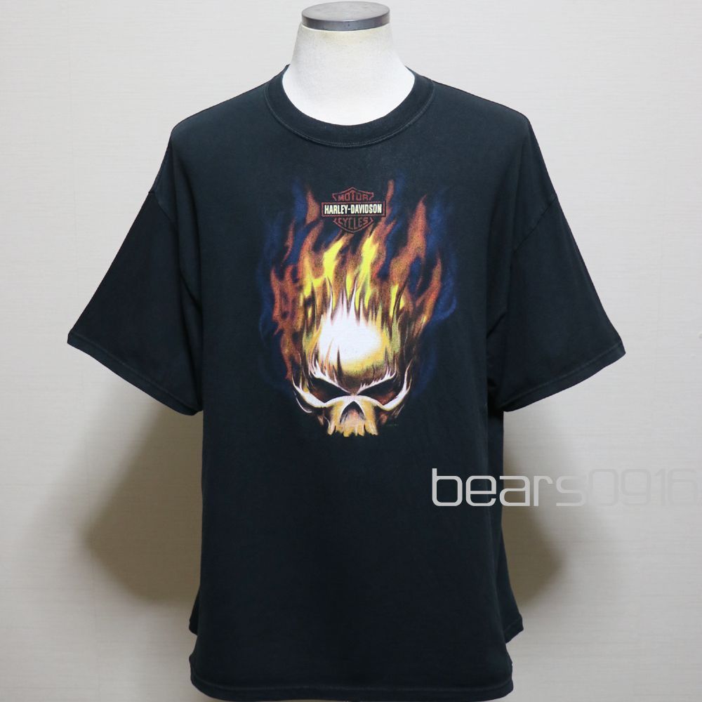 ハーレーダビッドソン Tシャツ XL メンズ 黒 00s USA製 スカルファイヤー エボリューション 両面プリント ヘインズ ビーフィー ヴィンテージ アメリカ古着 USED品 半袖 バックプリント