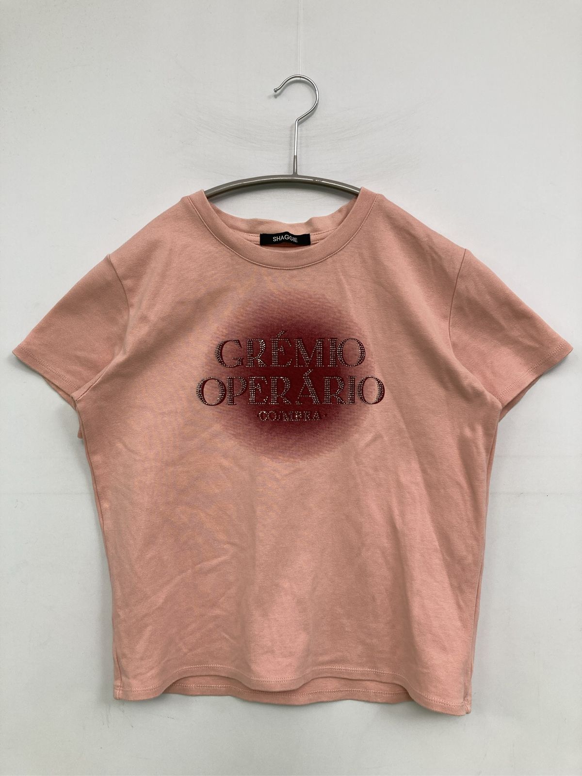 SHAGGIE シャギー Tシャツ/カットソー F ピンク 前面プリント ブランドロゴ ショート丈 半袖 クルーネック(丸首) レディース