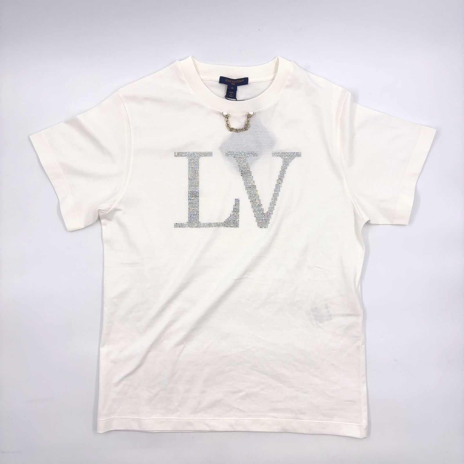 【新着】LOUIS VUITTON ラインストーン シグネチャー コットン ホワイト Tシャツ ゴールド 1AI483