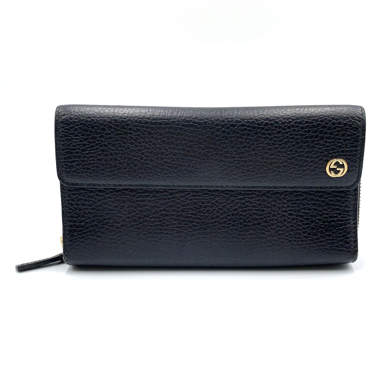 【新着】GUCCI インターロッキングG 三つ折り レザー ブラック 長財布 ゴールド 449397