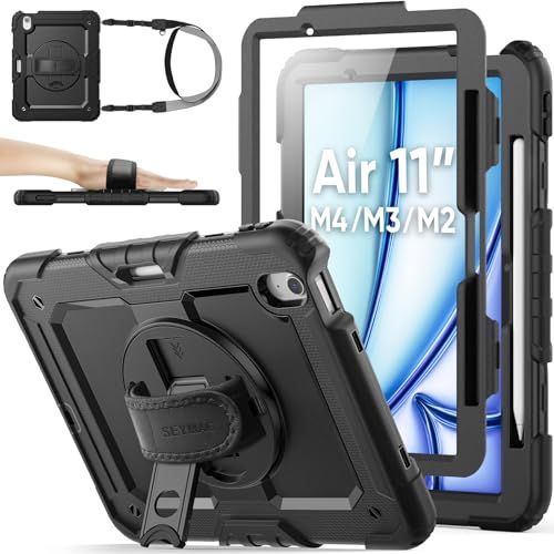 SEYMAC stock 2026年/2025年/2024年 11インチiPad Air(M4/M3/M2)専用耐衝撃ケース 保護フィルム付き ペン収納 360°回転スタンド ハンドストラップ ショルダーストラップ 全面保護カバー iPad ba8ac7bb