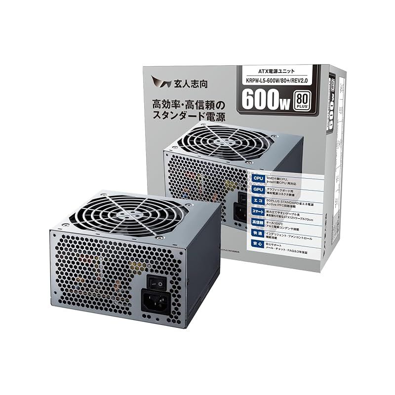 玄人志向 電源ユニット 600W ATX 電源 80 PLUS スタンダード PC電源 12cm静音ファン KRPW-L5-600W/80+/REV2.0