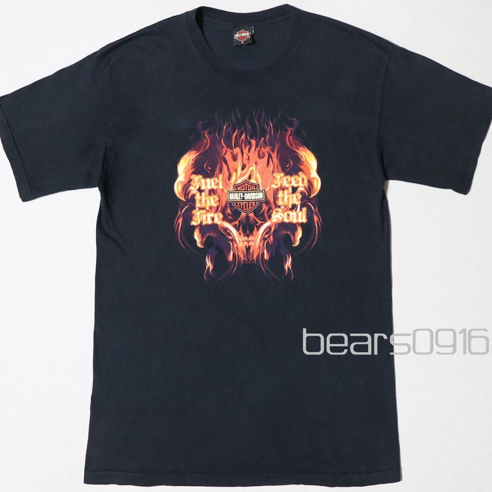 ハーレーダビッドソン Tシャツ XL 2XL メンズ 黒 00s USA製 ホロウベック ファイヤーパターン スカル イーグル バーアンドシールド ポンパノビーチ 両面プリント バックプリント アメリカ古着