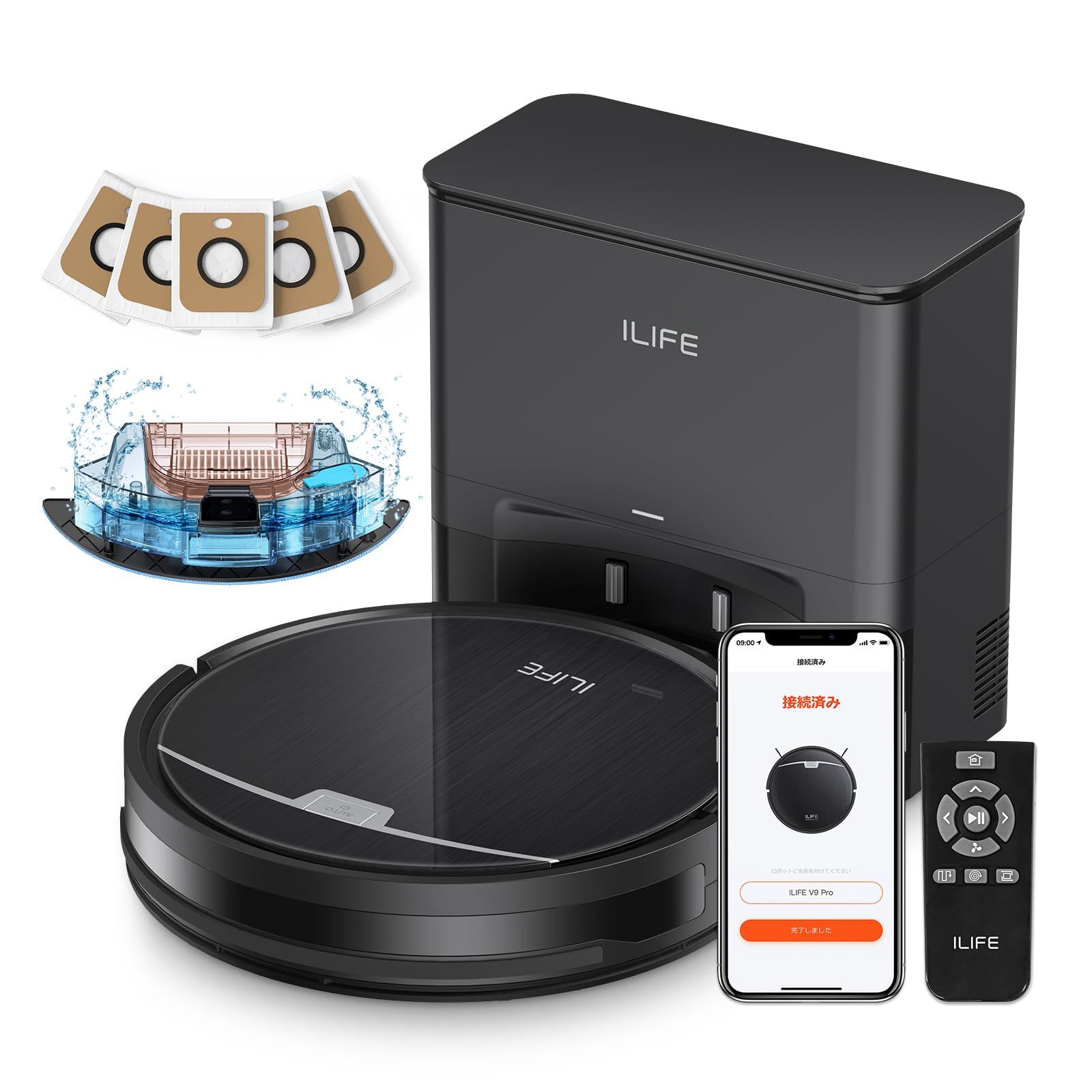 アイライフ(ILIFE) ロボット掃除機 自動ゴミ収集ステーション 2.5L大容量紙パック（5枚付き） 60日自動ゴミ収集 最小型ドックと本体 水拭き両用 3000Pa強力吸引 お掃除ロボット 超薄型 ブラシレス吸引口 2in1 ダストボック 5b9d5e6d