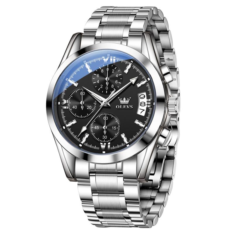 【新品】 OLEVS メンズ 腕時計 防水 夜光 クロノグラフ 日付 ステンレスバンド ビジネス カジュアル おしゃれ Watch for men ブラック