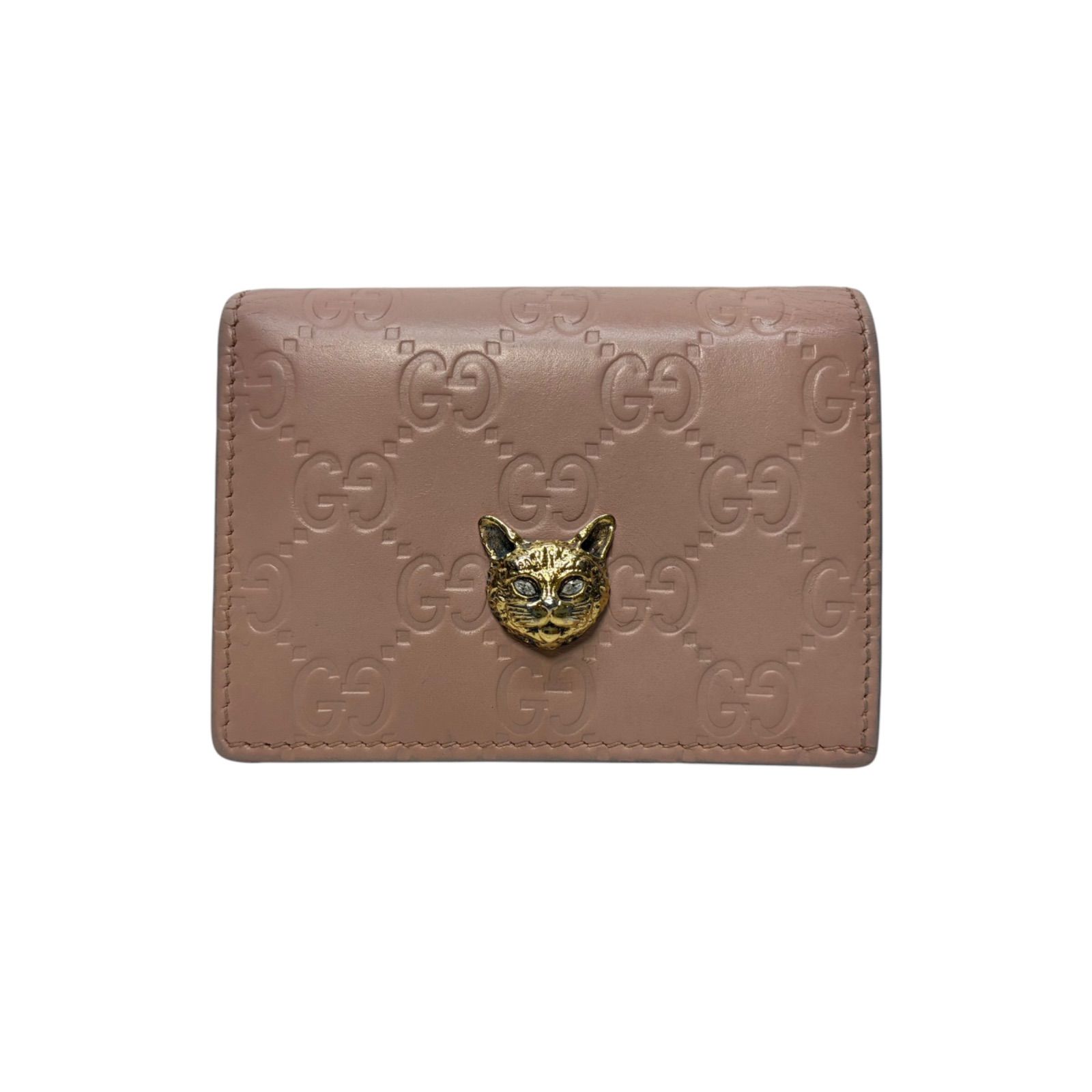 4247 GUCCI グッチ 折り財布 ピンクベージュ シマレザー アニマリエ キャット コンパクトウォレット