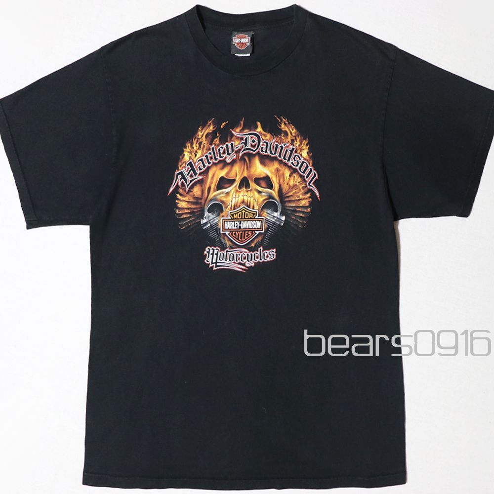 ハーレーダビッドソン Tシャツ 2XL 3XL メンズ 黒 00s USA製 VFイマジウェア スカル ファイヤーパターン バーアンドシールド キャピタルシティ タラハシー 両面プリント バックプリント オーバーサイズ アメリカ古着