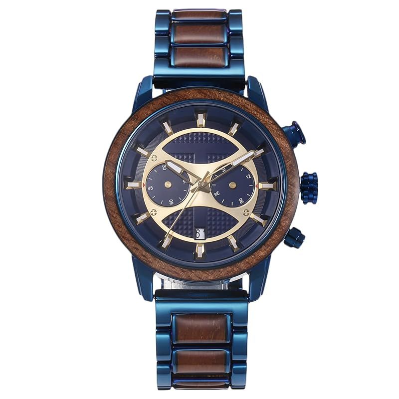 【新品】 RORIOS watch 腕時計 メンズ 合金＆木製 天然木 人気 時計 30M防水 カレンダー クオーツ 多機能 ウッド ウォッチ 個性的 トラベル カジュアル ビジネス 通勤 通学 ブルー＆クルミウッド