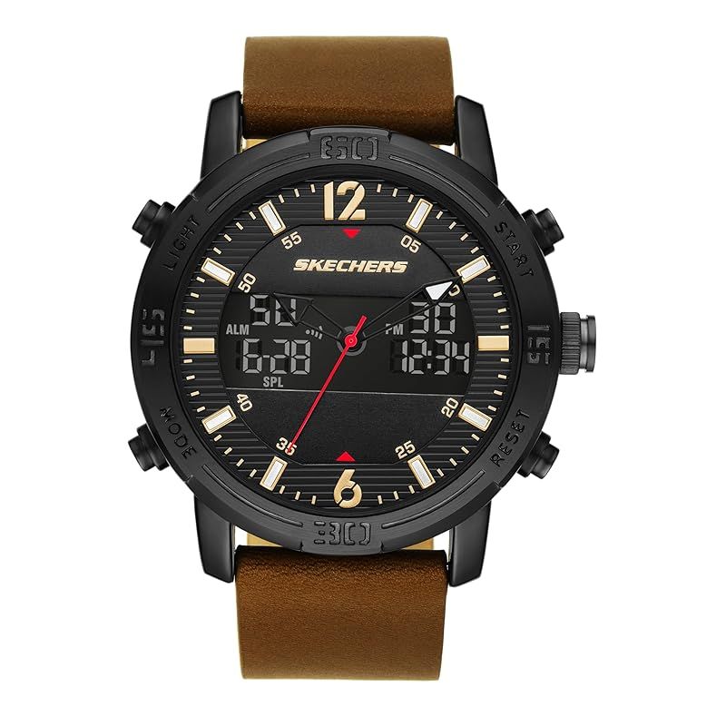 【新品】 Skechers Redlands メンズ 47mm アナログデジタル時計、本革ブレスレットとメタルケース、コニャック、ブラック