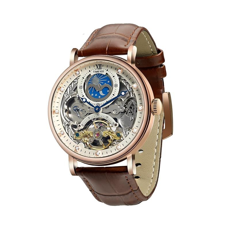 【新品】 TIME100 高級 自動巻き腕時計 メンズ スケルトン 機械式 ステンレス鋼 本革バンド 50M防水 (ブラック)