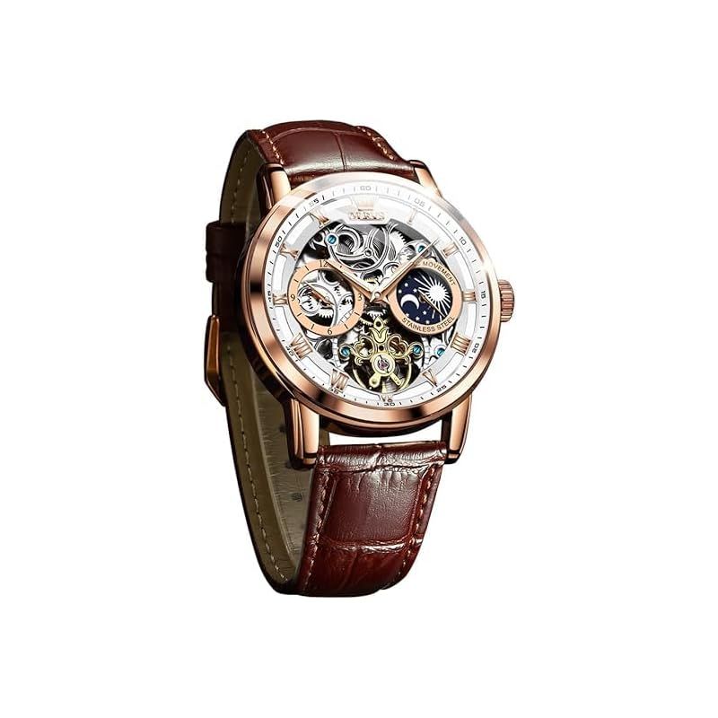 【新品】 OLEVS 腕時計 メンズ 機械式 自動巻き＆手巻き レザー ファッション おしゃれ 男性時計 革 スケルトン ムーンフェイズ 夜光 月 防水 watch for men ホワイト