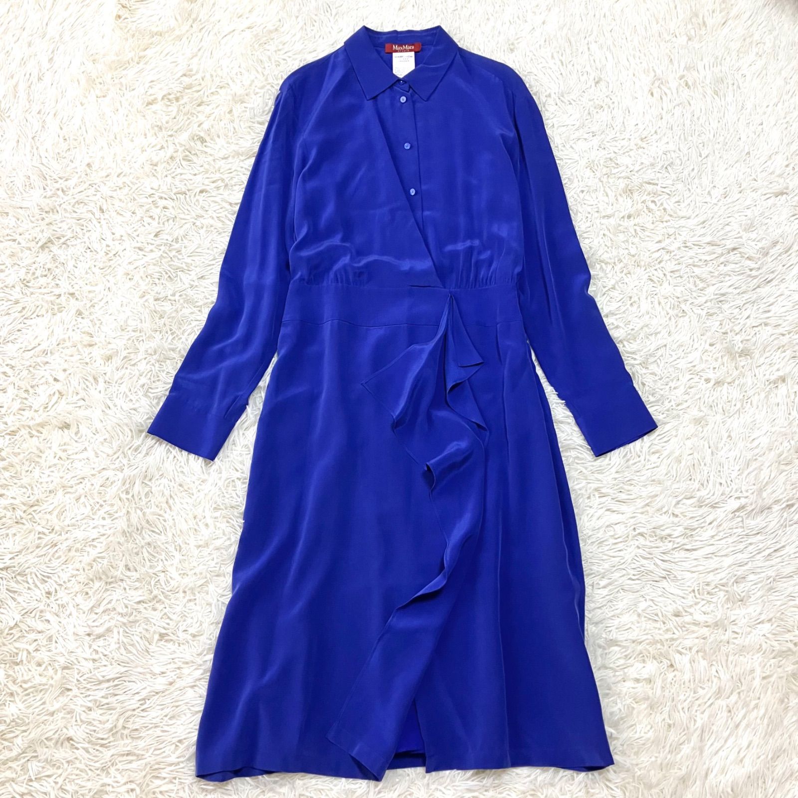 Max Mara STUDIO 洗えるシルク100％ロングワンピース カシュクール シャツワンピース フレア フリル付き 長袖 ブルー 44 大きいサイズ 7,300円