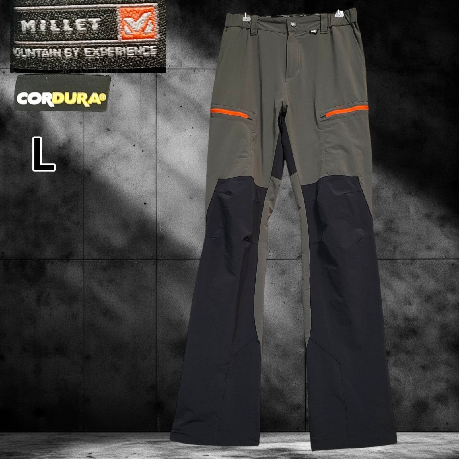 00s MILLET 良品テック系ストレッチコーデュラナイロンパンツ登山トレッキング微フレアブーツカット裾ドローコード切替オレンジジップギミックアウトドアメンズ STRETCH CORDURA Y2K ARCHIVE Lサイズ相当 8,850円