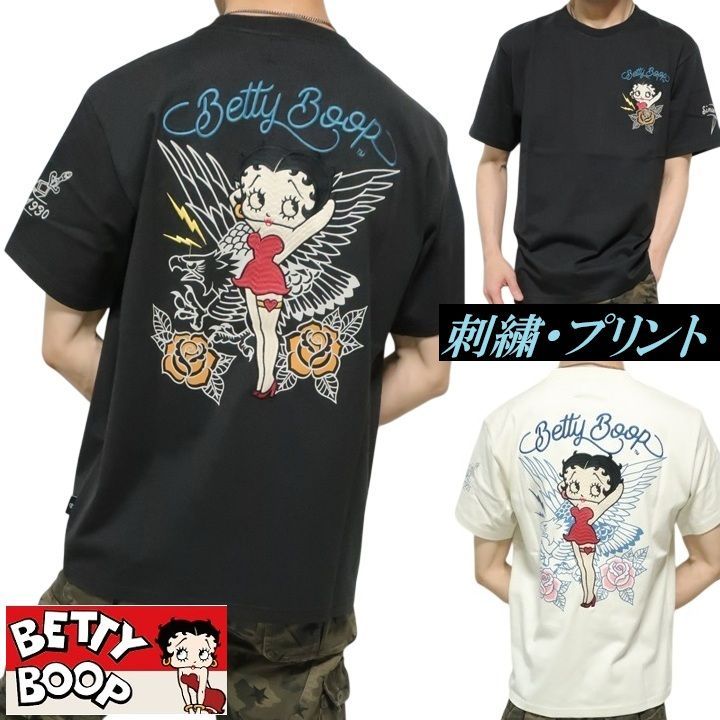 ベティーブープ ベティブープ Tシャツ イーグル/薔薇/ローズ/ベティー 刺繍 半袖 BETTY BOOP キャラクター メンズ スミクロ/ナチュラル サイズM-L-XL-XXL BBN-2612 ネバーマインド