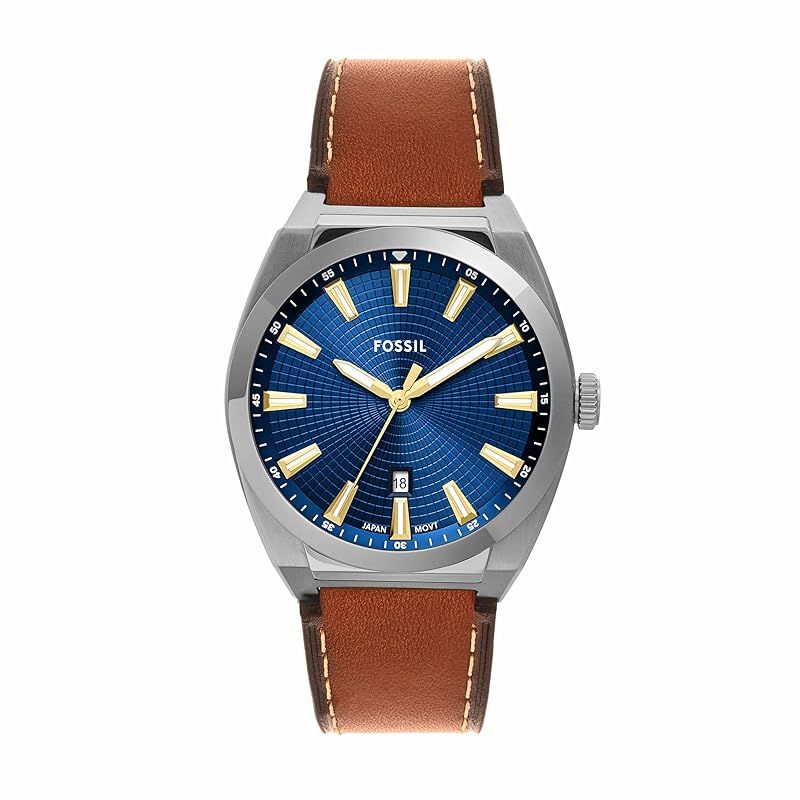 【新品】 Fossil メンズ EVERETT 三針デイト ブラウン レザーウォッチ、FS6115