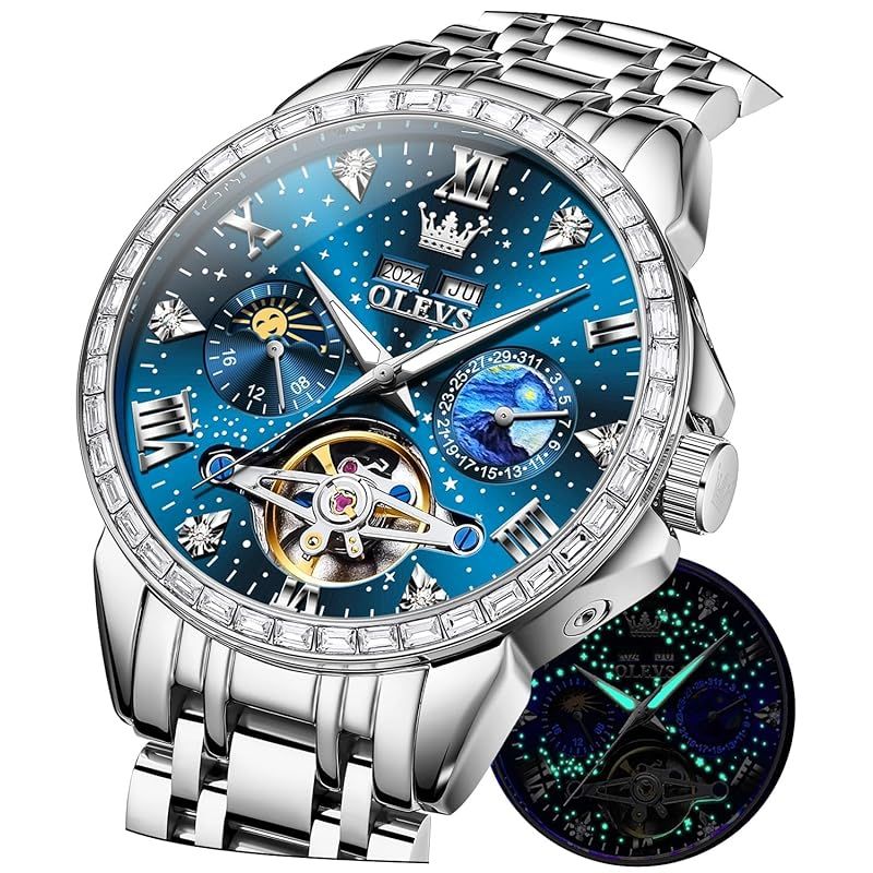 【新品】 OLEVS 腕時計 メンズ 自動巻き 機械式 スケルトン ダイヤモンド 人気 星空 防水 日付 夜光 watch for men ステンレス おしゃれ ブランド ブルー