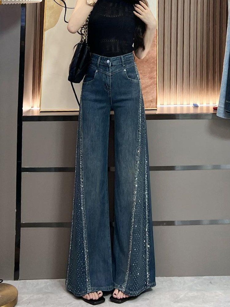 新品 レディース デニムパンツ ジーンズ ハイウエスト ワイドパンツ フレアパンツ 美脚 脚長 着やせ 体型カバー きらきら ラインストーン ビジュー ダイヤ風 サイド飾り 韓国風 Y2K ギャル 大人カジュアル ストリート 春夏 ブルー