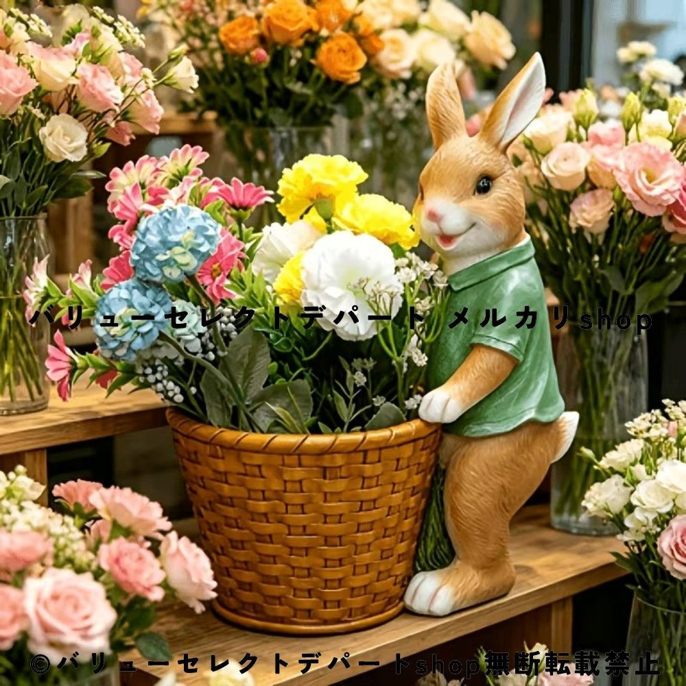 ガーデンオブジェ うさぎ 置物 ラビット 樹脂製 オーナメント 北欧風 ナチュラル ガーデン雑貨 庭 飾り バルコニー パティオ インテリア グリーンシャツ 茶色 ウサギ像 かわいい 動物オブジェ ガーデニング雑貨 ベランダ 玄関 癒し おしゃれ