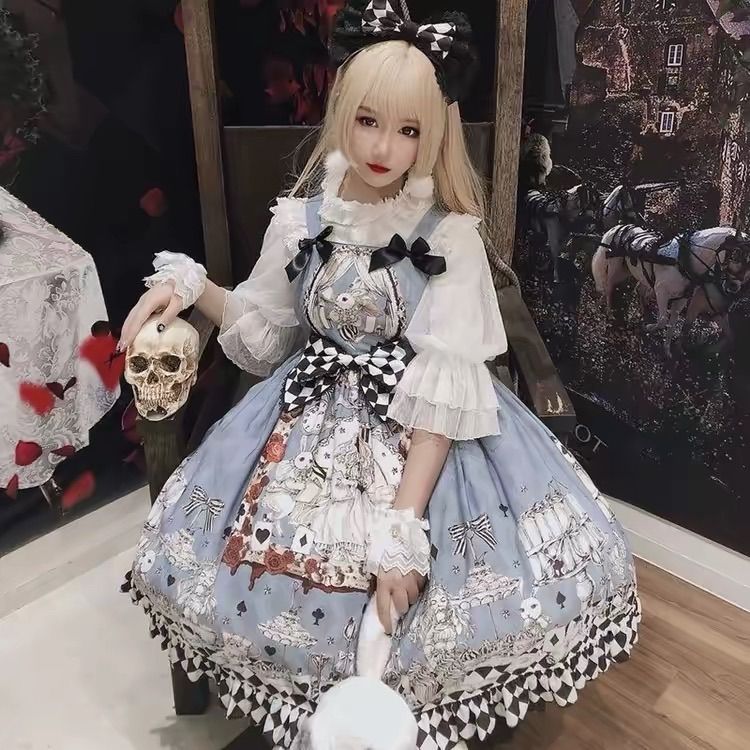 ロリータ ワンピース アリス ゴシック ゴスロリ クラロリ ジャンパースカート フリル リボン チェック柄 ハート柄 うさぎ ドール風 姫系 甘ロリ 地雷系 原宿系 長袖ブラウス 2点セット ハロウィン コスプレ お茶会 レディース 6,687円
