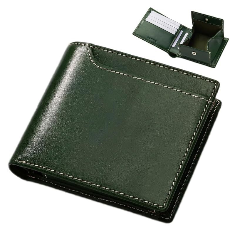 【新品】 [グレンチェック] スリム二つ折り財布 メンズ ミニ財布 ボックス型小銭入れ レザー財布 コンパクト財布 二つ折り財布 本革 レディース (グリーン)