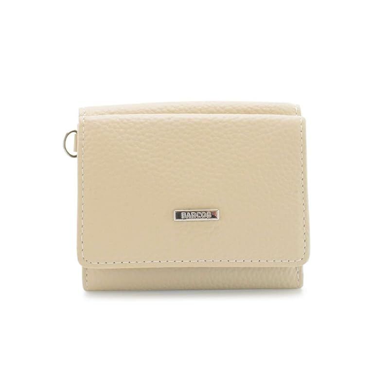 【新品】 [バルコス] シュリンクレザー スクエア ミニ財布 ミニウォレット 三つ折り財布 レディース メンズ キーリング付き コンパクト ベルトストラップ付 アイボリー