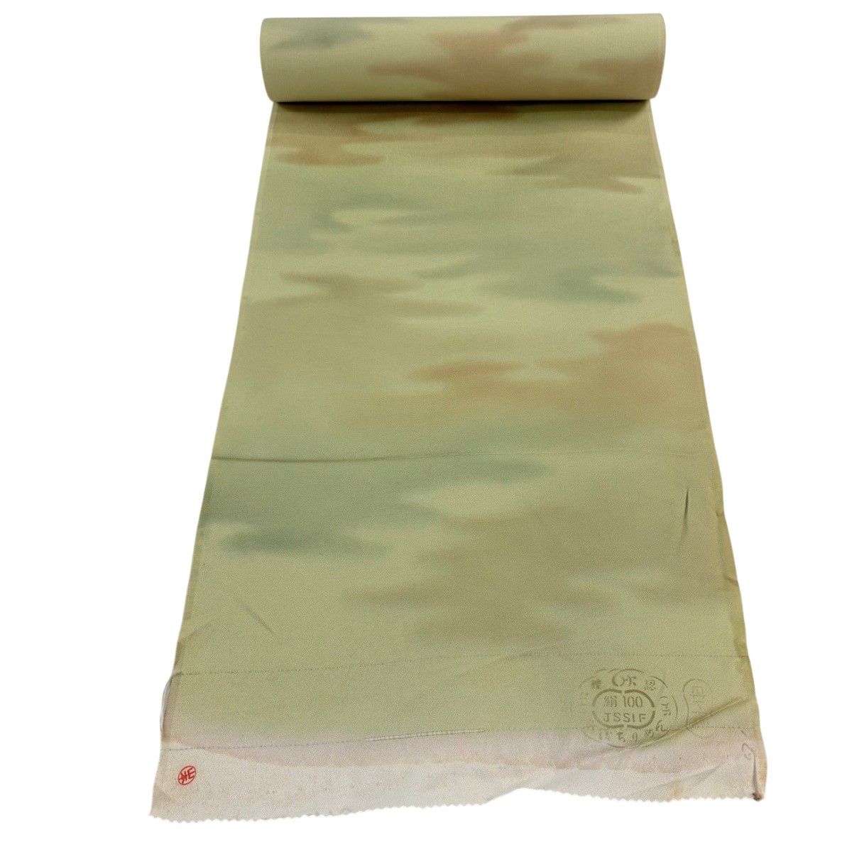 反物 秀品 小紋 霞ぼかし 茶緑色 正絹 【中古】