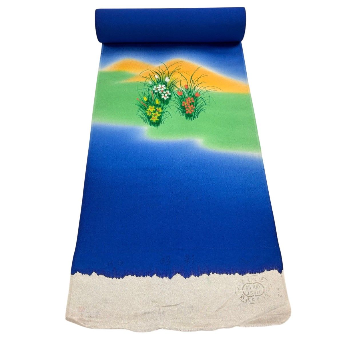 反物 秀品 付下げ 山並み 草花 青 正絹 【中古】